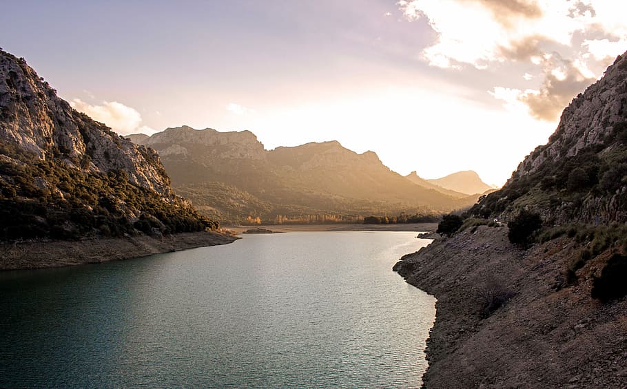 body of water near mountain at daytime, lake, sunset, beautiful HD wallpaper