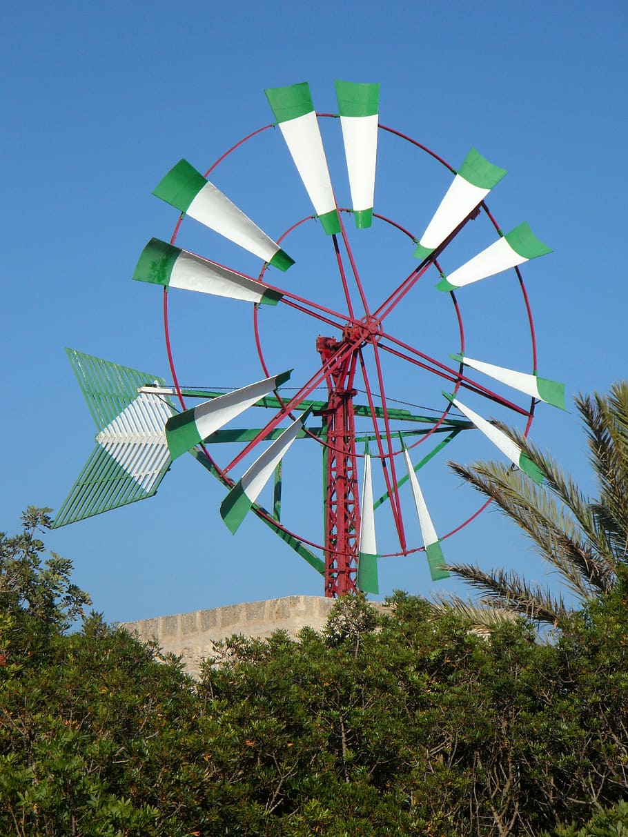 windmill, mallorca, wheel, landmark, wind power, metal, spokes HD wallpaper