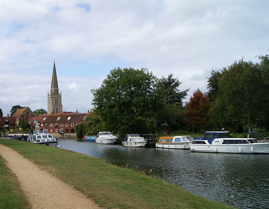 river, thames, england, abingdon, boats, church, nautical vessel HD wallpaper