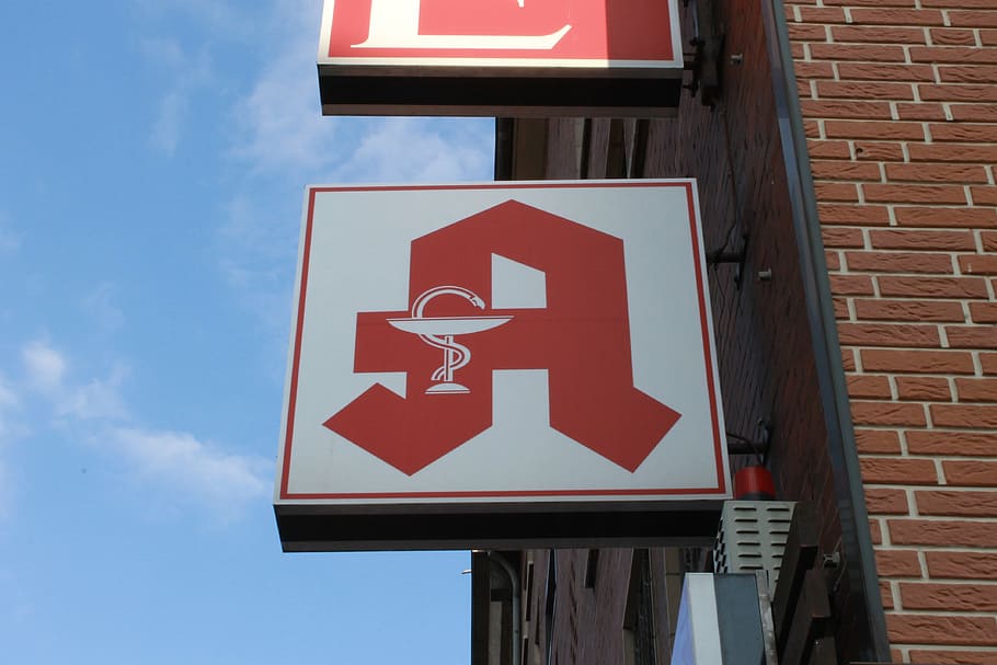 pharmacy, shield, logo, pharmacy sign, communication, red, low angle view HD wallpaper