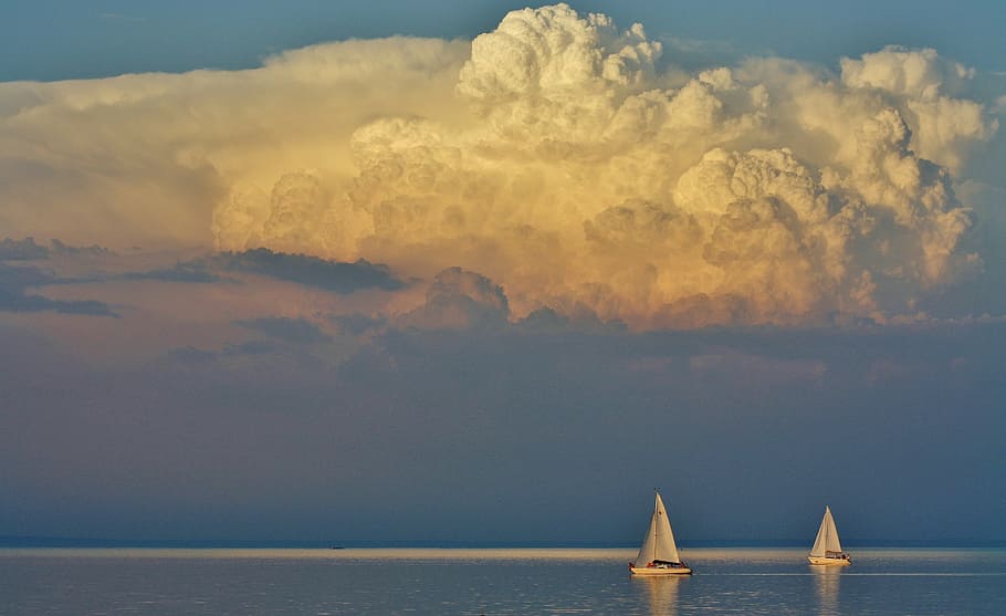 two white sailboats on body of water under cumulus clouds, lake balaton HD wallpaper