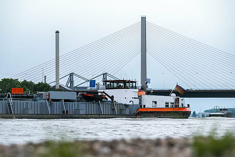 bridge, ship, river, highway bridge, river navigation, rhine HD wallpaper