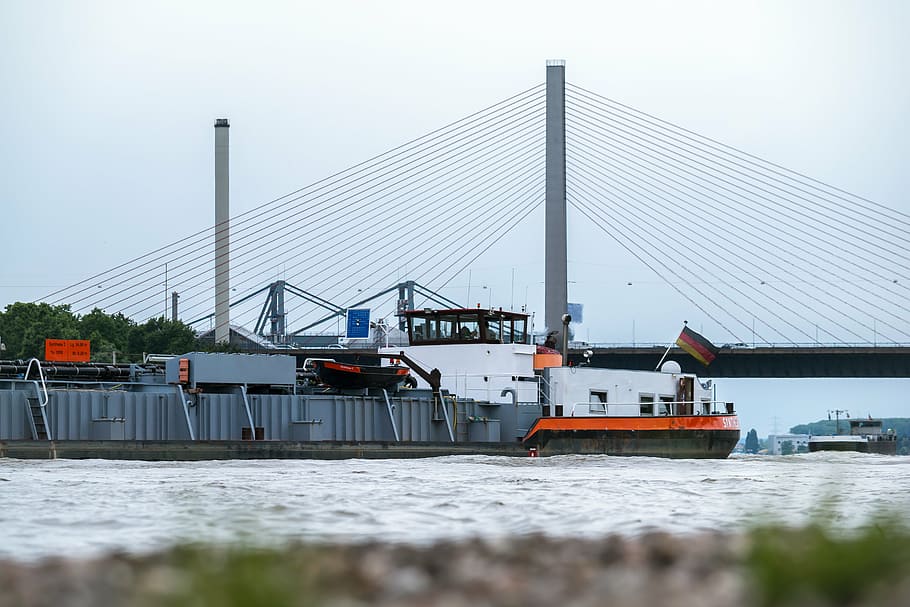 bridge, ship, river, highway bridge, river navigation, rhine HD wallpaper