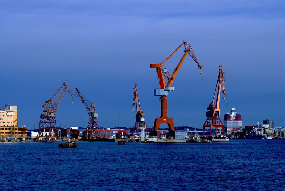Port, Cranes, Industrial, Boatyard, water, coastal, gothenburg, HD wallpaper