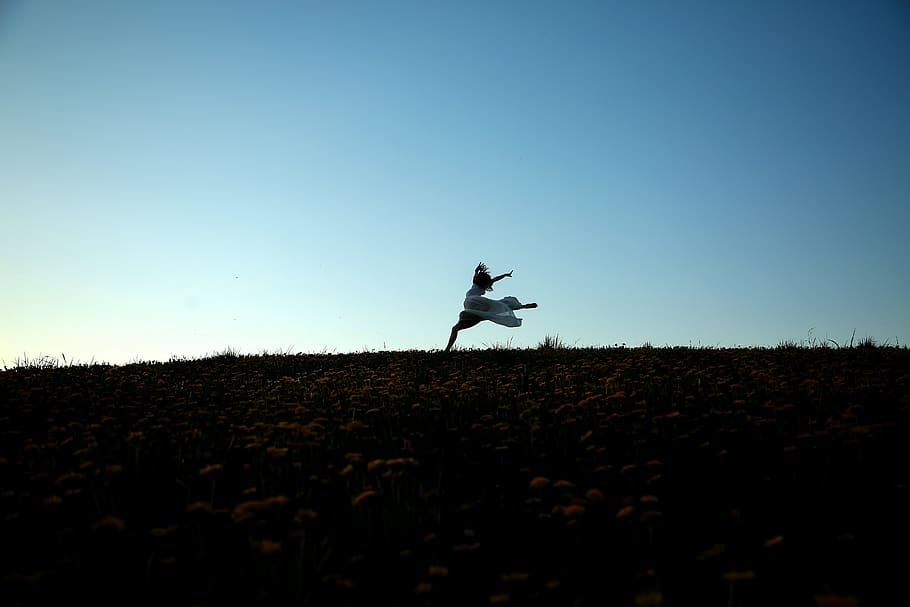 sky, cut, landscape, action, sunset, dancer, silhouette, field HD wallpaper