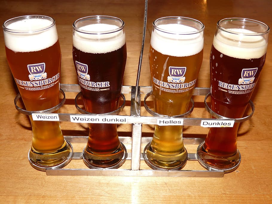 four beer glasses, Beers, Wheat, Dark, dark wheat, bright, drink HD wallpaper