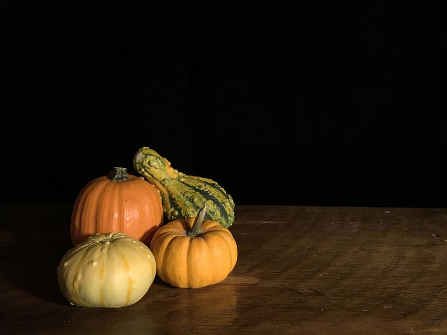 pumpkin, orange, gourd, squash, yellow, green, table, thanksgiving HD wallpaper
