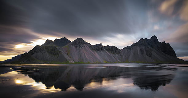 landscape photography of mountains near body of water, photo of gray mountain reflecting on body of water HD wallpaper