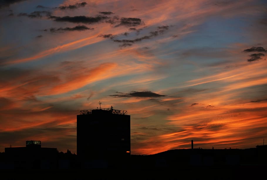 sunset, clouds, evening, dramatic, city, cityscape, sky, cloud - sky HD wallpaper
