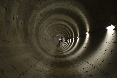 gray concrete tunnel with lights turned on, dig, deep, depth HD wallpaper