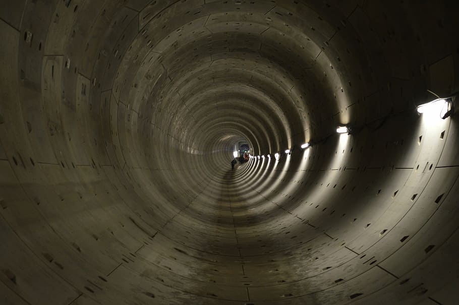 gray concrete tunnel with lights turned on, dig, deep, depth HD wallpaper