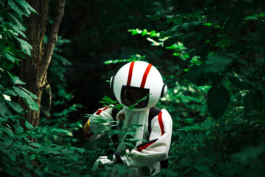 green, plants, trees, forest, nature, people, robot, one person HD wallpaper