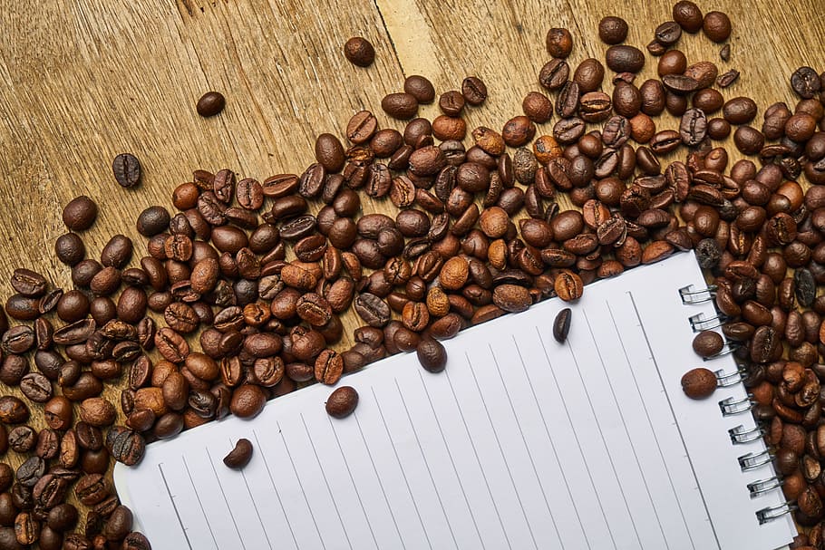 white ruled notepad on coffee beans, notebook, work, page, take notes HD wallpaper