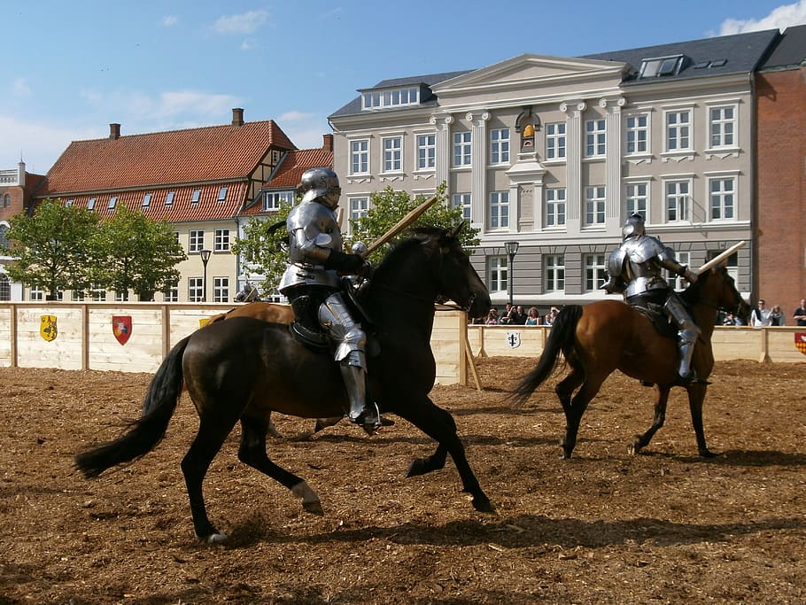 two knights riding on horse, middle ages, horses, tournament, HD wallpaper