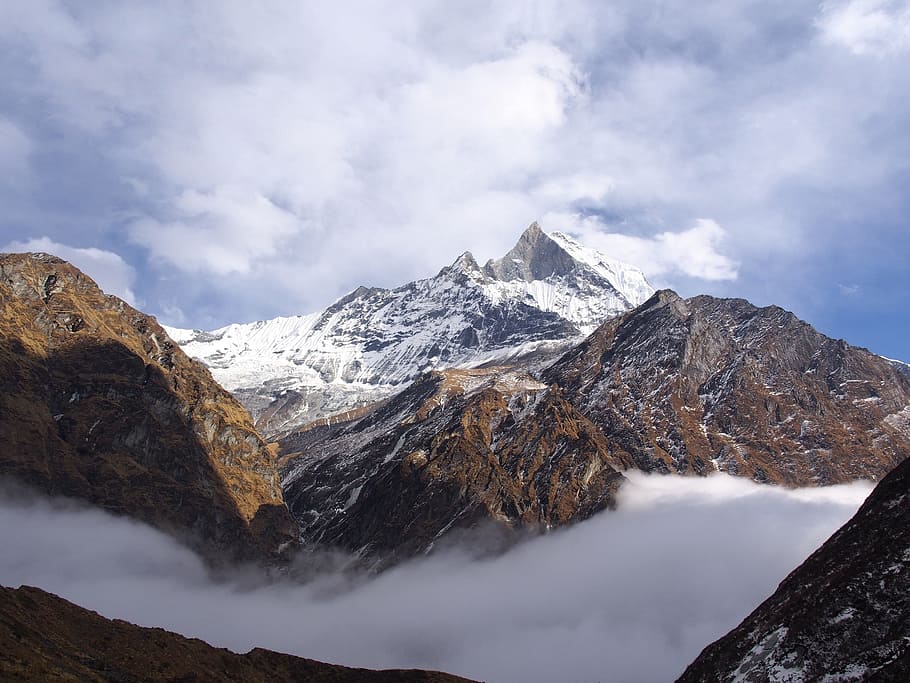 mountain top while in fog, nepal, basecamp, himalayas, mountains HD wallpaper