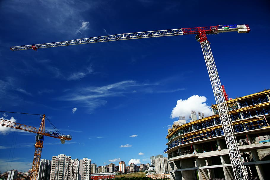 construction, crane, blue, building, structure, perspective HD wallpaper
