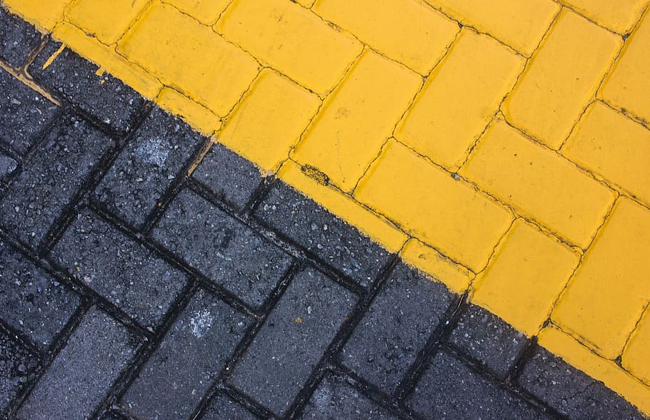 black and yellow bricks, concrete pavement raod, road, sidewalk, HD wallpaper