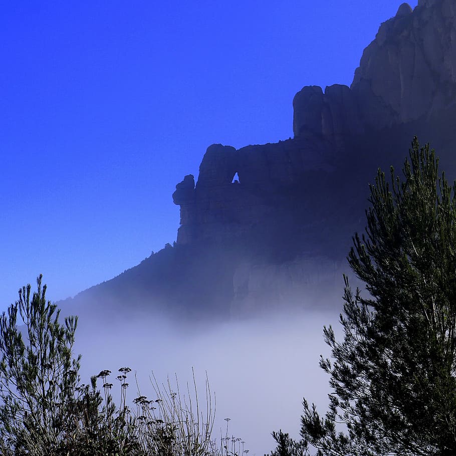 fog, inversion, horizon, montserrat, landscape, rock, mountain HD wallpaper