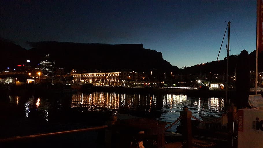 night, harbor, table, mountain, water, illuminated, architecture HD wallpaper