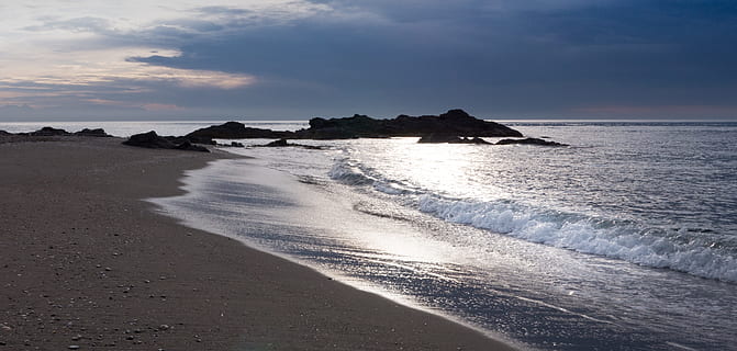 body of water, shore, beach, dawn, lighthouse mijas, malaga HD wallpaper