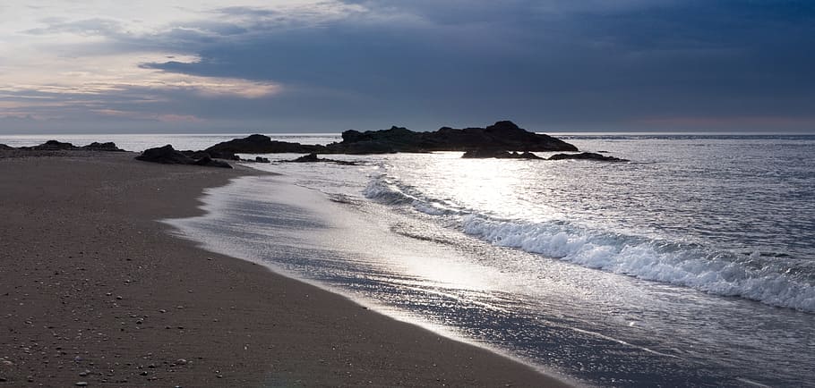 body of water, shore, beach, dawn, lighthouse mijas, malaga HD wallpaper