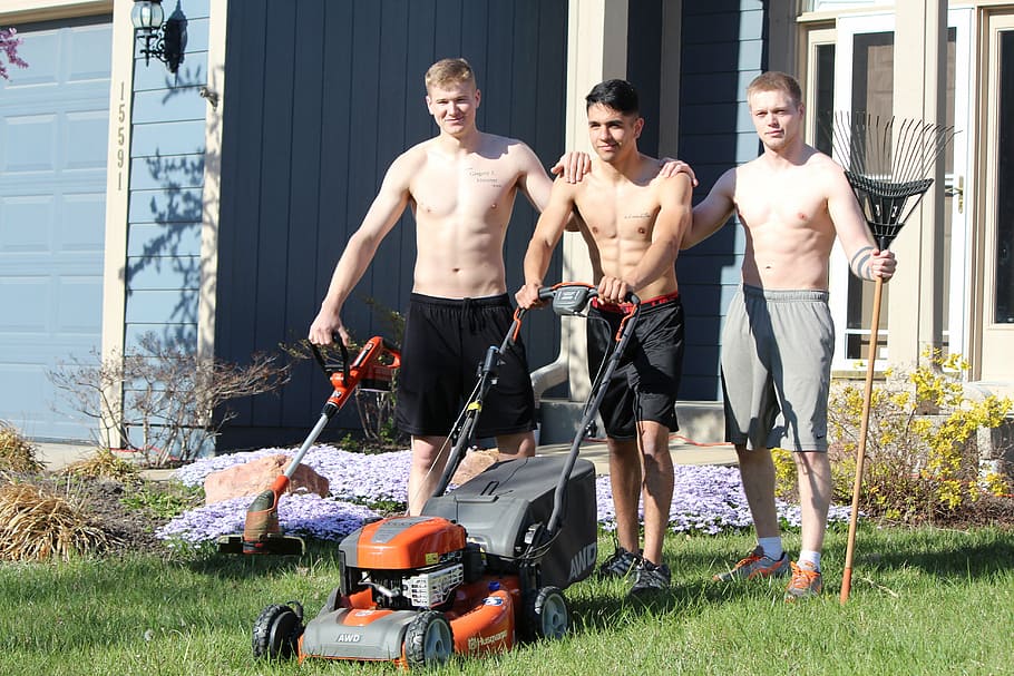 lads, mowing, shirtless, blond, caucasian, handsome, male, outdoor