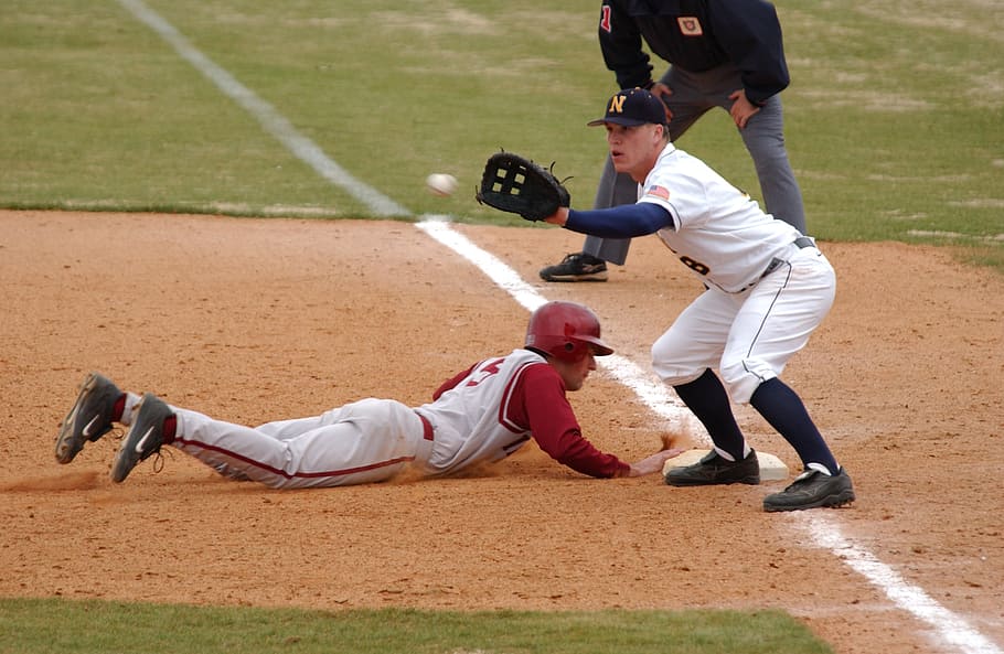 baseball, first base, tag, slide, play, infield, runner, sport HD wallpaper