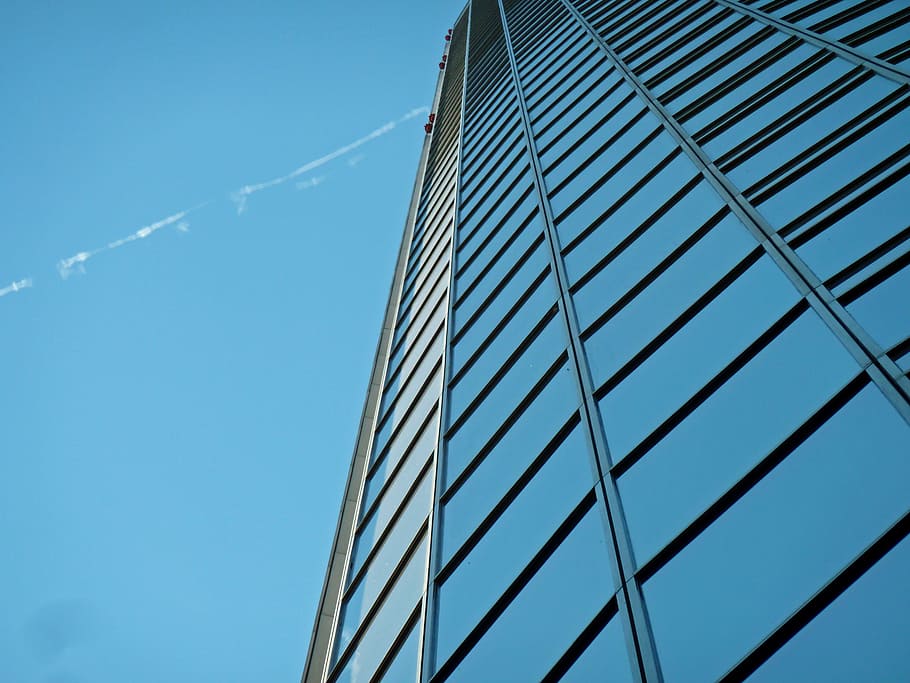 sky, building, architecture, high-rise, facade, low angle shot HD wallpaper