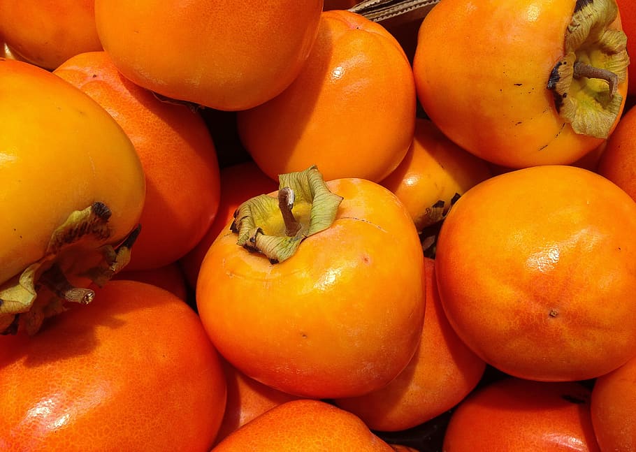 bunch of orange fruits, persimmons, fall, food, food and drink HD wallpaper