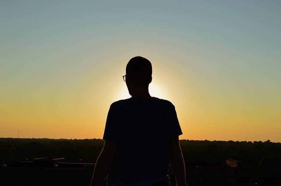 Sunset, Dusk, Sky, Shadow, Silhouette, guy, man, rear view HD wallpaper