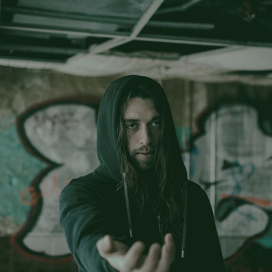 guy, man, hoodie, beard, jacket, graffiti, wall, hand, one person HD wallpaper