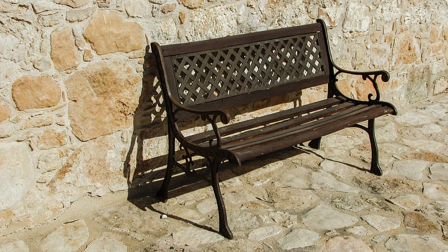 bench, wooden, wall, stone built, outdoor, seat, wall - building feature HD wallpaper