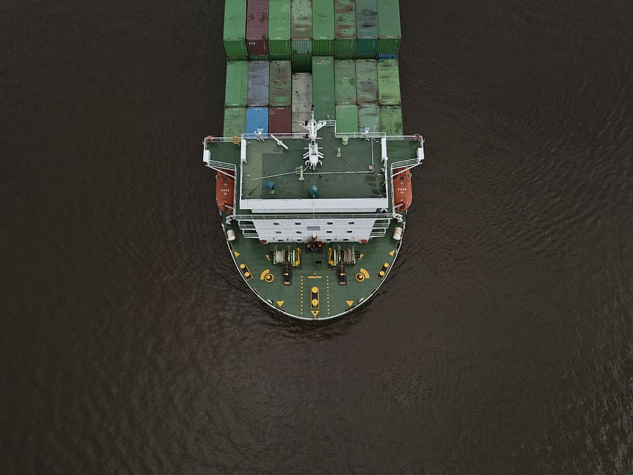 tow view of tanker ship, aerial photography of green and white ship on ocean during daytime HD wallpaper