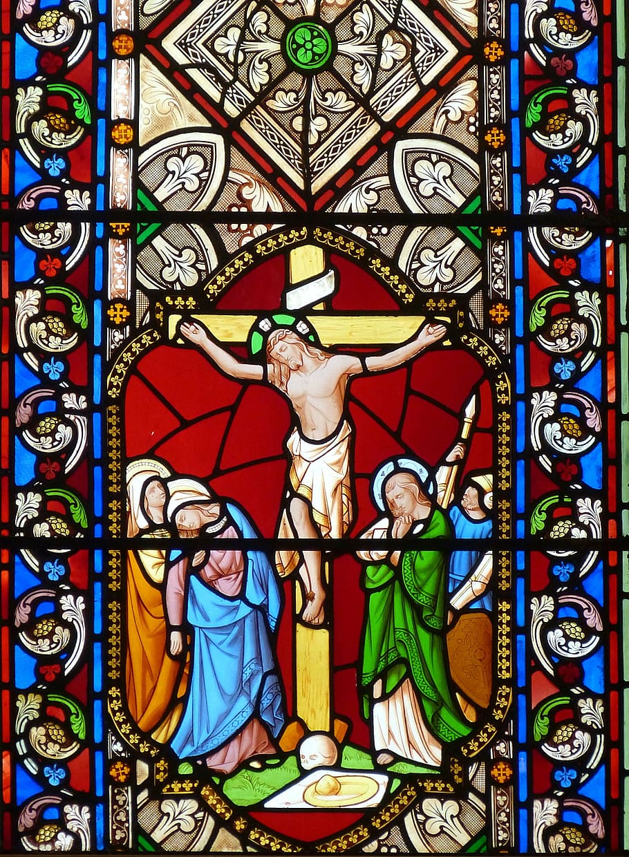 floral stained glass, church, cross, crucifixion, passion, good friday