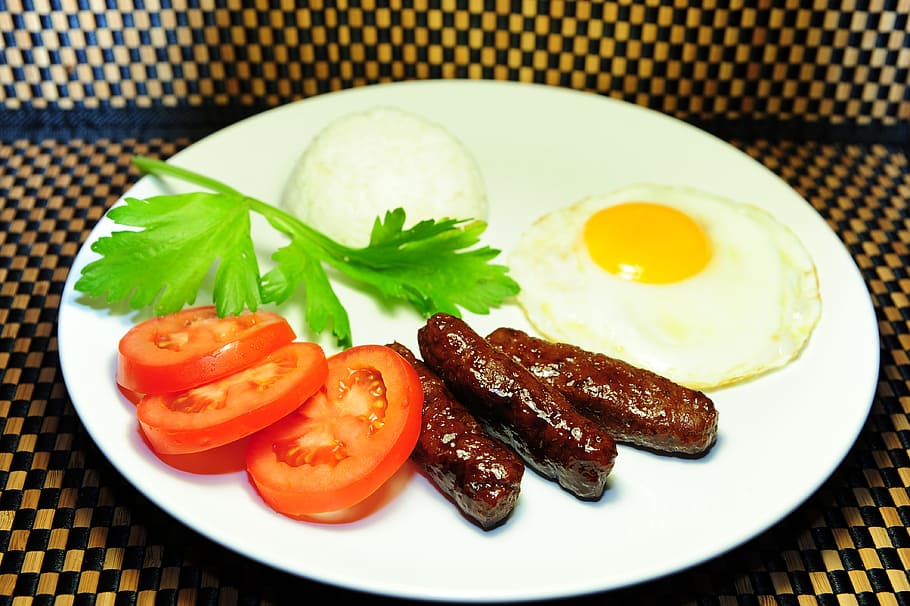 breakfast, egg, sausage, plate, meal, tomato, delicious, healthy breakfast HD wallpaper