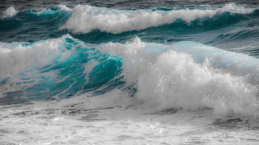 photo of tidal waves, surf, water, sea, foam, spray, splash, nature
