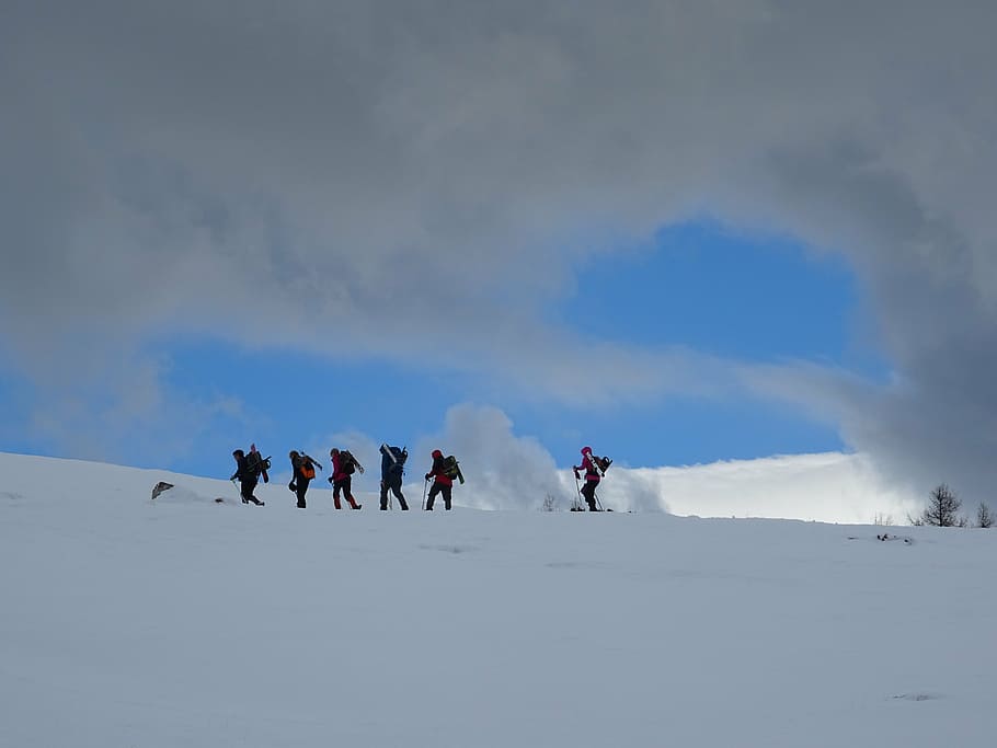 snowshoeing, clouds, winter, sport, people, outdoors, mountain HD wallpaper