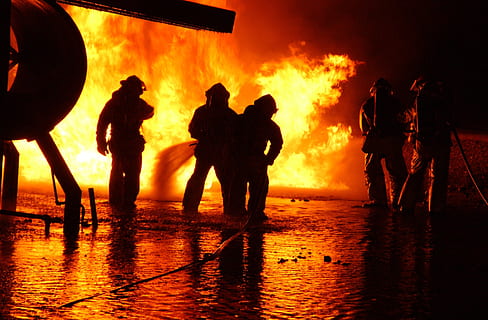 five men standing beside fire, firefighter, training, live HD wallpaper