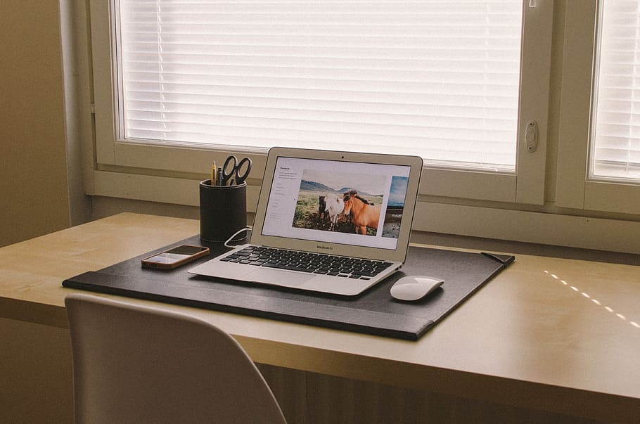 MacBook Air beside magic mouse, home office, notebook, desk, computer