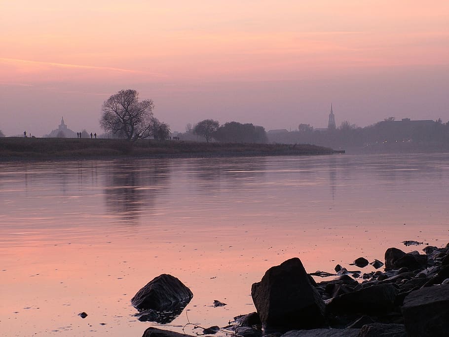 silhouette photography of body of water during orange sky, dresden HD wallpaper