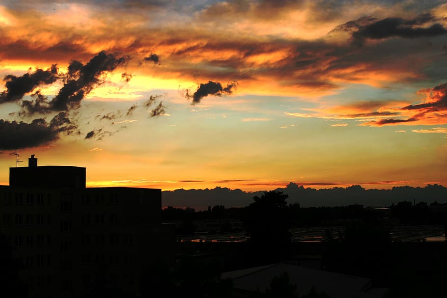 Sunset, Dusk, abendstimmung, sky, red, clouds, weather, silhouette HD wallpaper