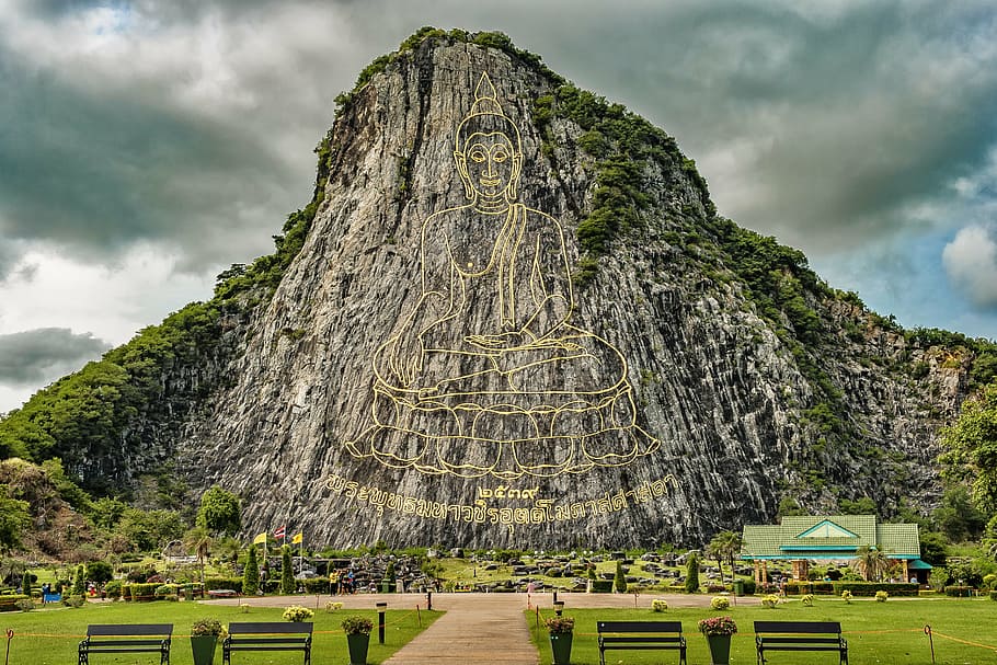 Buddha mountian art, laser buddha mountain, buddhist temple complex thailand