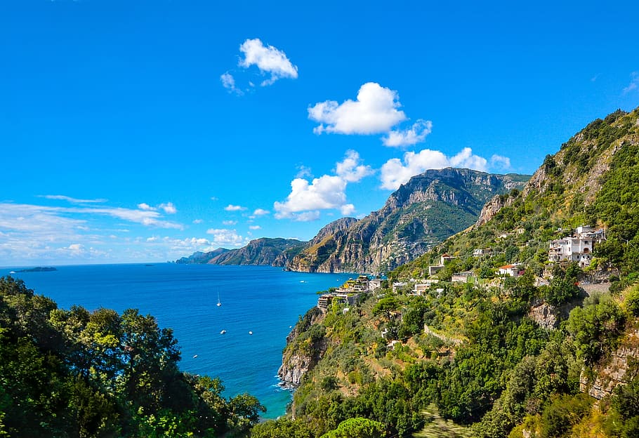 sea, mountains, sky, water, clouds, forest, idyllic, island, italy HD wallpaper