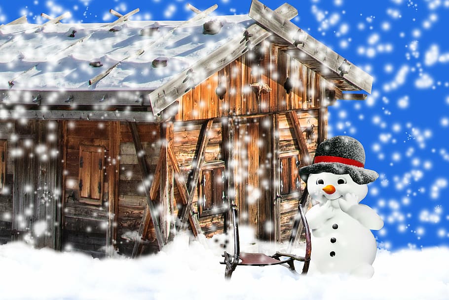 brown wooden house with snowman illustration, winter, wintry HD wallpaper