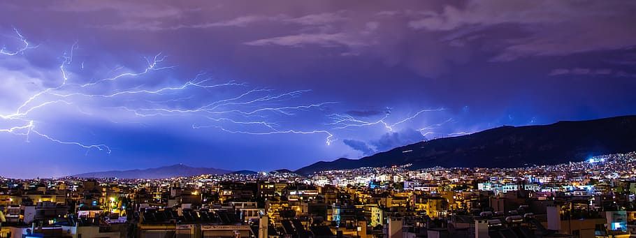 high-angle photograph of city under lightning, thunder, lighting HD wallpaper