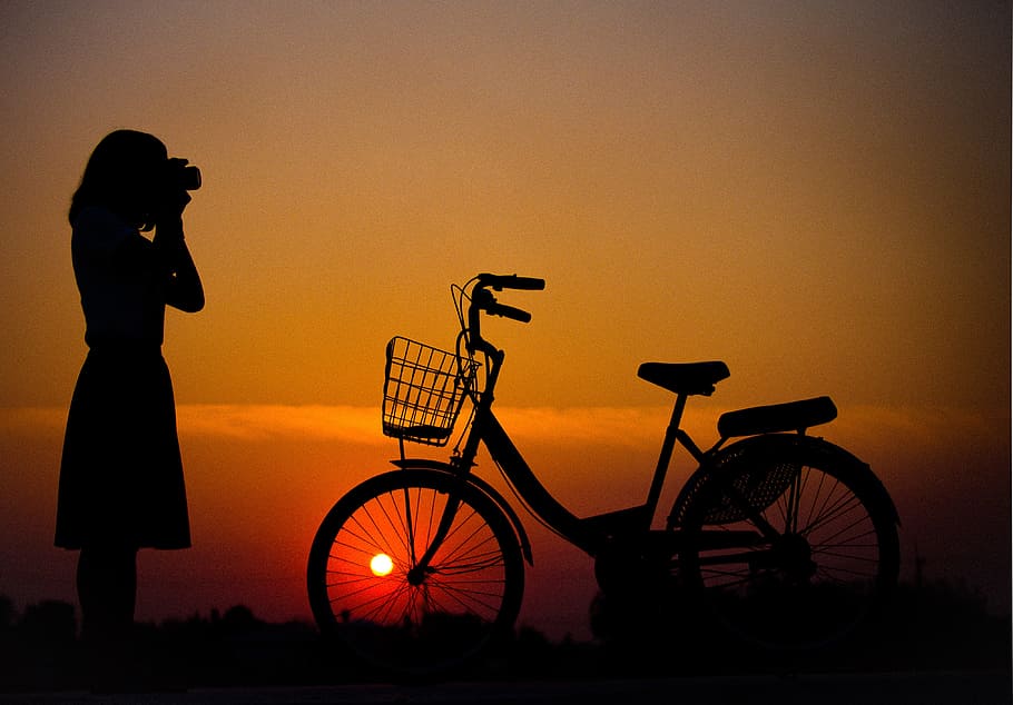 dawn, sunset, person, woman, adventure, asia, backlit, bicycle, HD wallpaper