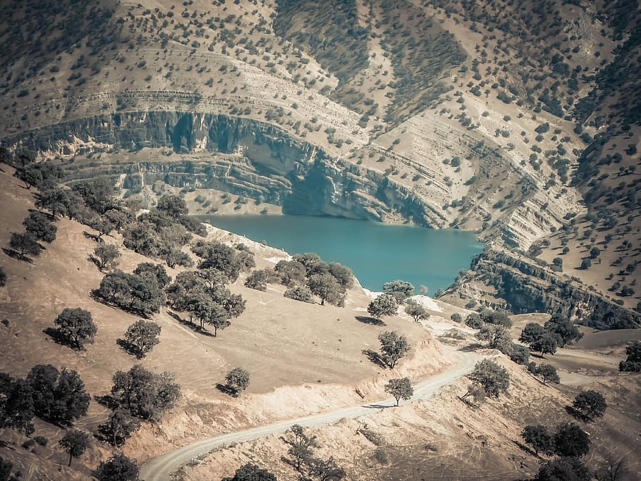 top view of hills, aerial view of lake within mountain, valley HD wallpaper