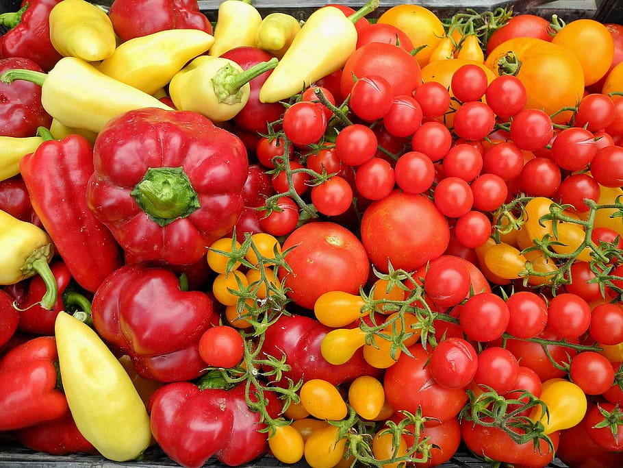 tomatoes, pepper, vegetables, red, yellow, fresh, food, healthy HD wallpaper