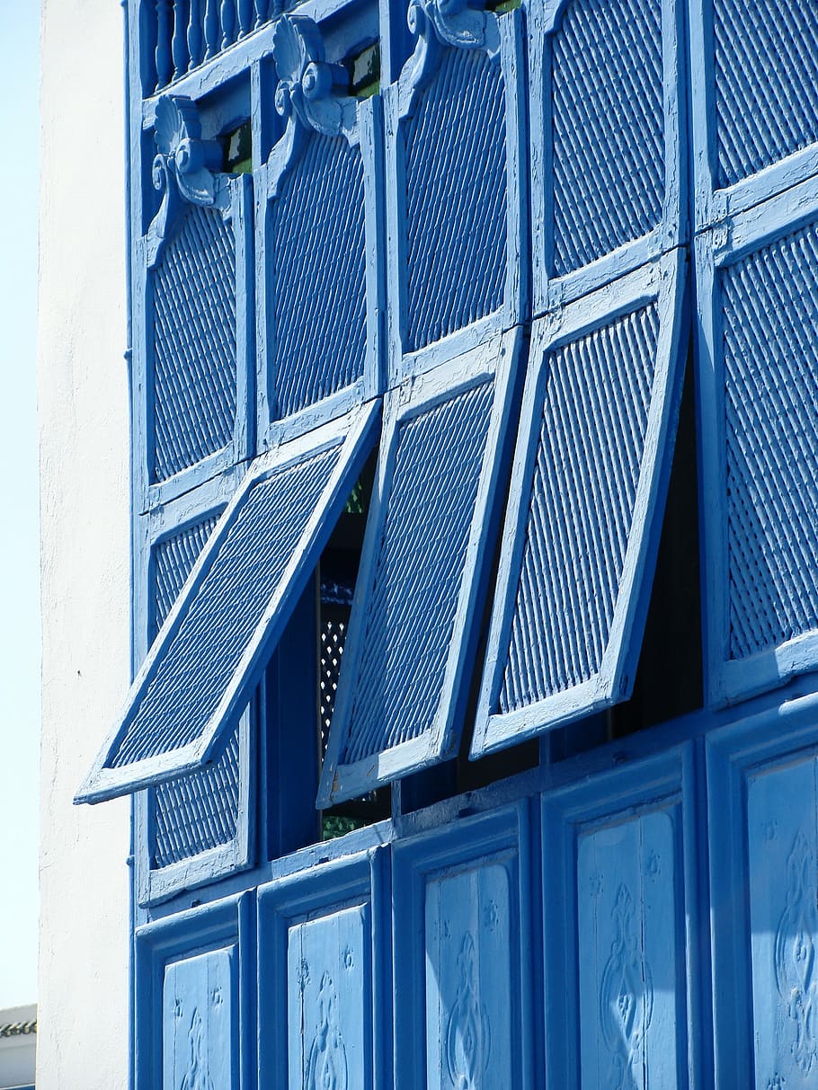blue, windows, blinds, house, shutter, decoration, wood, facade HD wallpaper