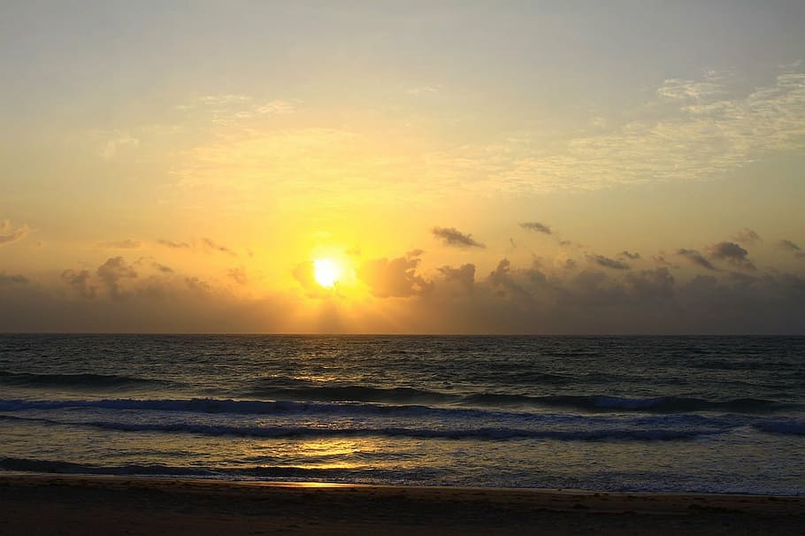 ocean, sky, beach, sand, wave, clouds, sunrise, light, florida